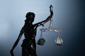 Silhouette of statue of goddess of justice Astraea with mechanical weighing scale and Euro money as symbol of bribery, injustice