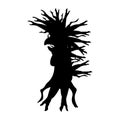 The silhouette of a strange creature is like a Baba Yaga with tree branches.