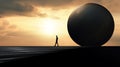 Silhouette of a stressed man with a large rolling ball looming behind him, symbolizing the weight and challenges of a life, Royalty Free Stock Photo