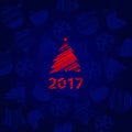 Silhouette of a stroke Christmas tree red color isolated on blue background with texture of snowflakes and inscription