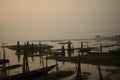 Silhouette structure of fishing boats and poles