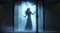 Silhouette of a stunning woman showering, she is a shower with frosted glass shower doors. Generative AI