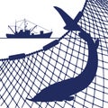 Silhouette of sturgeon fish and marine nets, vector