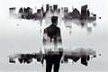 Silhouette of Successful businessman in the office wearing suit looking to city skyline thinking Royalty Free Stock Photo