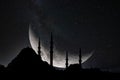Silhouette of Suleymaniye Mosque with crescent moon and milkyway. Islamic photo Royalty Free Stock Photo