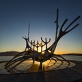 Silhouette of the Sun Voyager SÃÂ³lfar sculpture at sunrise