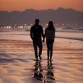 Silhouette, sunset and couple holding hands outdoor with back view and nature, travel and bonding for love and Royalty Free Stock Photo