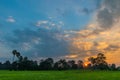 Silhouette of the sunset with the green paddy rice field, the beautiful sky and cloud in the evening in Thailand Royalty Free Stock Photo