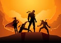 Silhouette of superheroes in different poses on hilltop