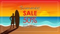 Silhouette of surf man stand with a surfboard with text summer