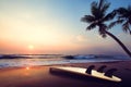 Silhouette surfboard on tropical beach at sunset in summer. Royalty Free Stock Photo