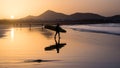 Silhouette of a Surfer on Famara beach at sunset