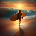 Silhouette of surfer girl with surfboard on a beach at sunset or sunrise. Surfer and ocean. Digital illustration Royalty Free Stock Photo