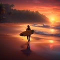 Silhouette of surfer girl with surfboard on a beach at sunset or sunrise. Surfer and ocean. Digital illustration Royalty Free Stock Photo