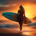 Silhouette of surfer girl with surfboard on a beach at sunset or sunrise. Surfer and ocean. Digital illustration Royalty Free Stock Photo