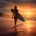 Silhouette of surfer girl with surfboard on a beach at sunset or sunrise. Surfer and ocean. Digital illustration Royalty Free Stock Photo