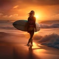 Silhouette of surfer girl with surfboard on a beach at sunset or sunrise. Surfer and ocean. Digital illustration Royalty Free Stock Photo