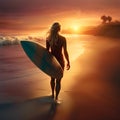 Silhouette of surfer girl with surfboard on a beach at sunset or sunrise. Surfer and ocean. Digital illustration Royalty Free Stock Photo