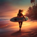 Silhouette of surfer girl with surfboard on a beach at sunset or sunrise. Surfer and ocean. Digital illustration Royalty Free Stock Photo