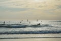 Silhouette Of surfer people on sunset beach catch oceans wave.Surfing sport and travel concept