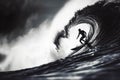 Silhouette of surfer riding big wave barrel on the ocean Royalty Free Stock Photo