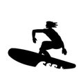 Silhouette of surfer sportsman on surfboard isolated on white background. Vector black and white illustration.