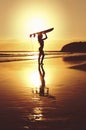 Silhouette of surfer standing with surf board on beach