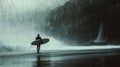 Silhouette of a Surfer with a Surfboard Standing on a Beach During a Rainstorm Royalty Free Stock Photo