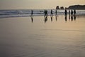 Silhouette of surfers heating up going to swim in morning sunrise Royalty Free Stock Photo