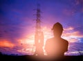 Silhouette survey engineer working in a building site over Blur