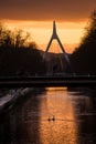 Silhouette of suspended bridge under the river and swans with reflection by sunset Royalty Free Stock Photo