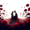 A silhouette of a sweet couple lover, sitting in the middle of a red rose flower field, in love scene, romantic, fantasy, dreamy Royalty Free Stock Photo