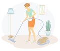 Silhouette of a sweet lady. The girl is cleaning the apartment, vacuuming the floor with a vacuum cleaner. The woman is a neat