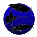 A silhouette of a swordfish , wahoo and tuna in a blue circle Royalty Free Stock Photo