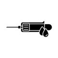 Silhouette syringe for blood sampling from vein with drops. Outline logo of laboratory tests. Illustration of vacuum medical tool