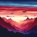 the silhouette of a taildragger on the horizon flying towards the setting sun. Royalty Free Stock Photo