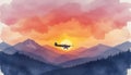 the silhouette of a taildragger on the horizon flying towards the setting sun. Royalty Free Stock Photo