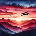 the silhouette of a taildragger on the horizon flying towards the setting sun. Royalty Free Stock Photo