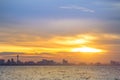 Silhouette tall buildings with beautiful sky and sea at sunset.Koh Larn Pattaya Thailand