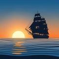 Silhouette of a tall ship sailing on the ocean at sunset Royalty Free Stock Photo
