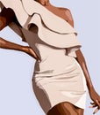 Silhouette of a tanned girl in a beige dress