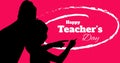 Silhouette teacher and student with happy teacher\'s day text against pink background