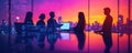 silhouette of a team collaborating on a tech-driven project in a high-tech business environment, photo-realistic, vibrant colors,