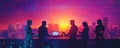 silhouette of a team collaborating on a tech-driven project in a high-tech business environment, photo-realistic, vibrant colors,