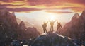 Silhouette of the team on the peak of mountain. 3d rendering Royalty Free Stock Photo