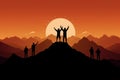 Silhouette Team standing and celebrating success and achievement on the top of mountain with sun rise, for Victory concept. Royalty Free Stock Photo