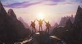 Silhouette of a team of three people celebrating victory against the backdrop of mountains and sunset. 3d rendering Royalty Free Stock Photo