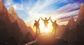 Silhouette of a team of three people celebrating victory against the backdrop of mountains and sunset. 3d rendering Royalty Free Stock Photo
