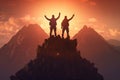 Silhouette of the team on top of mountain. Leadership Concept, sunset in the mountains