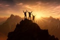 Silhouette of the team on top of mountain. Leadership Concept, sunset in the mountains